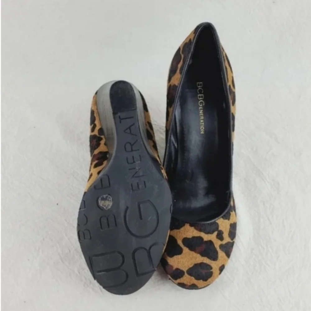BCBGeneration leapard print real cow fur wedge shoes 6.5